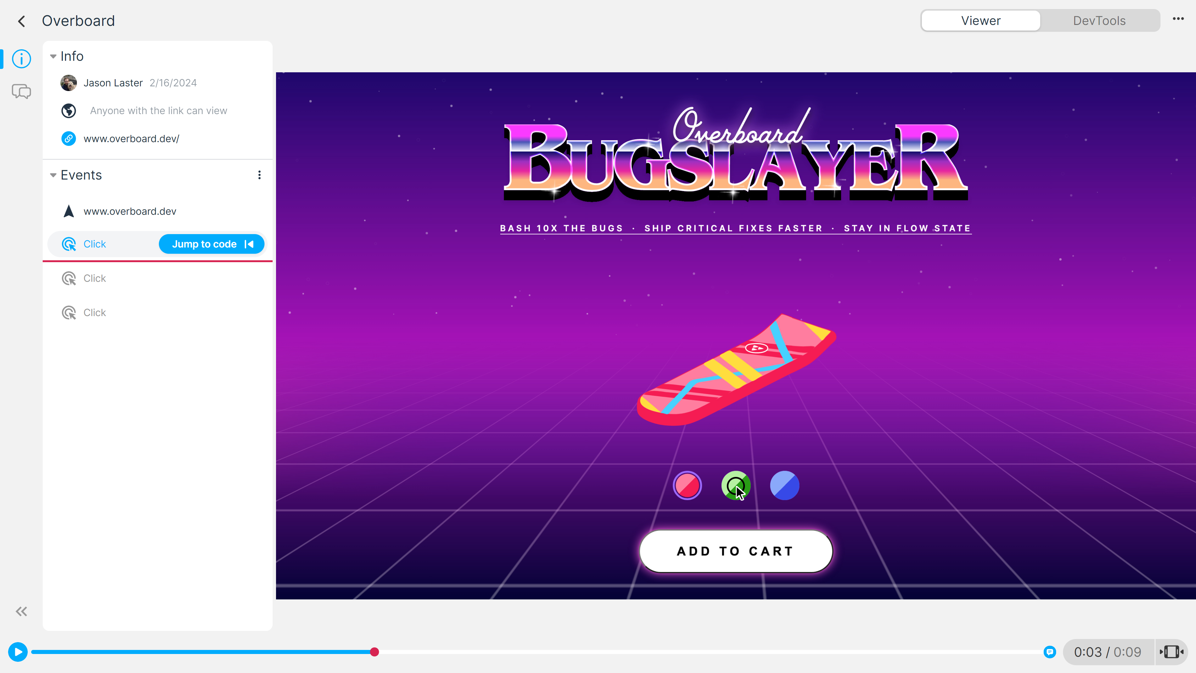 A preview of the website that was recorded; Overboard. It includes a sidebar of events the user took. The site itself is an "Add to cart" button underneath a checkout for fictional hoverboards